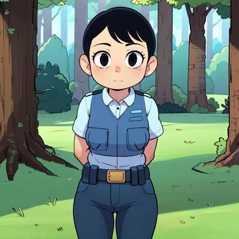 1girl, solo, MissOfficer,  black eyes, short hair,  black hair, chubby, short sleeves,  collared shirt, blue vest, belt, pants,<lora:Miss_Officer_Leaf2:0.8>,   cowboy shot, forest,  arms behind back,