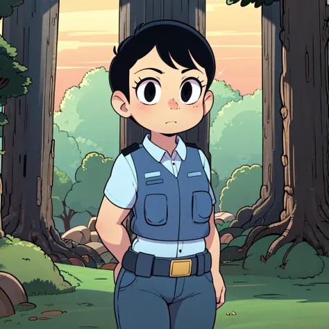 1girl, solo, MissOfficer,  black eyes, short hair,  black hair, <lora:Miss_Officer_Leaf2:0.8>, short sleeves,  collared shirt, blue vest, belt, pants, cowboy shot, forest,