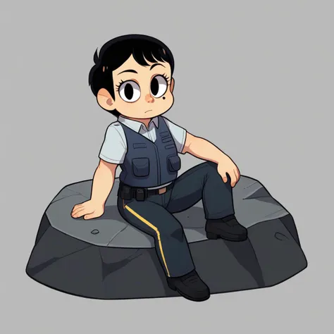 score_9_up, BREAK,  MissOfficer, 1girl, solo , black hair, short hair, black eyes , mole under left eye, shirt, vest, pants,  <lora:Miss_Officer_PXL_Leaf1:1>,  sitting on rock