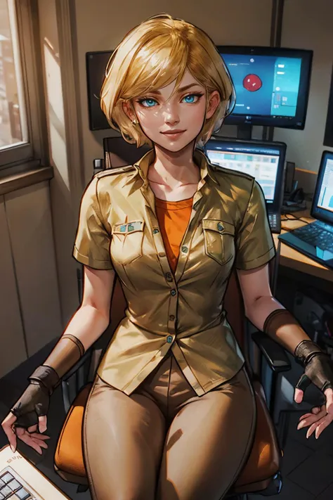 OtherMSamus, blue eyes, short blonde hair, collared green shirt, orange undershirt, brown pants, fingerless gloves, looking at viewer, serious, smiling, sitting, behind desk, inside office, typing on keyboard, computer,  high quality, masterpiece,  <lora:OtherMSamus:.8>