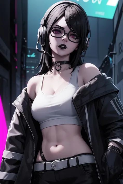 <lora:VRAMsJawbreaker:0.5>, 1girl, black hair,, glasses, goth, choker, 3d render, white shirt, off shoulder, cyberpunk, neon lights, opalescent, horror_\(theme\), headphones, belts on crop top