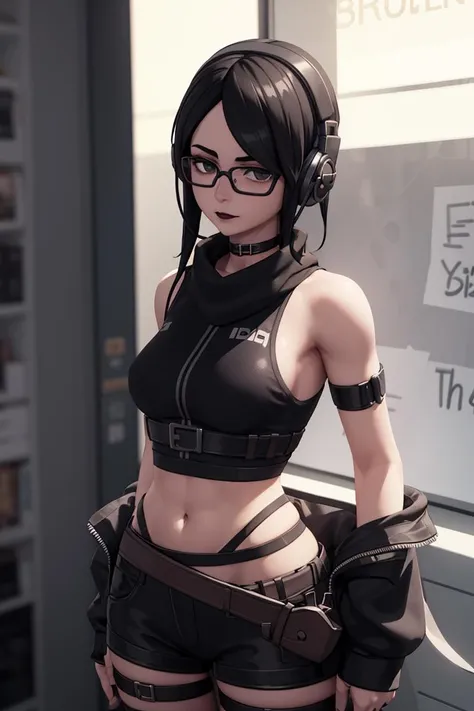 <lora:VRAMsJawbreaker:0.5>, 1girl, crop top, black hair, headphones, glasses, goth, choker, scarf, belts on shirt, 3d render