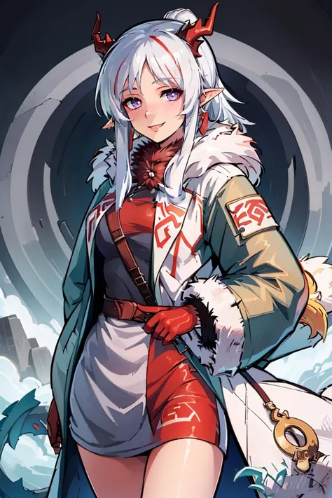 ((masterpiece,best quality)), absurdres, <lora:Nian_Arknights:0.8>, nian (arknights), smile, dragon horns, jewelry, multicolored hair, solo, smile, looking at viewer, cowboy shot, (fur coat:1.5), cowboy shot,