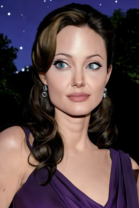 Angelina Jolie closeup, ,  cute,  closeup, upper body, 
,,
astonishing,
Purple shirt, 
 highres, detailed, well dressed, 
Ancient ruins under starry sky at the background, best quality, masterpiece,   
<lora:Angelina:0.65>