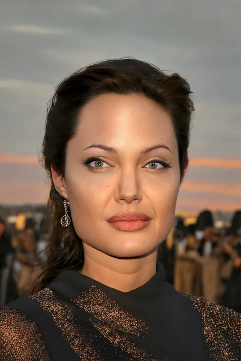 Angelina Jolie closeup, 1940s, beautiful, closeup, upper body,
,,
evil,
Black modest dress,
highres, detailed, well dressed,
Ancient Egyptian pyramids and desert sunset at the background, best quality, masterpiece,
<lora:Angelina:0.85>