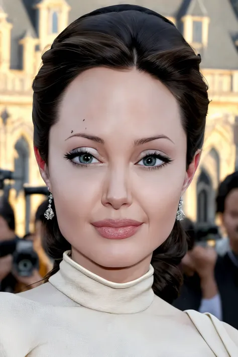Angelina Jolie closeup, , beautiful, closeup, upper body,
,,
cute,
White modest dress,
highres, detailed, ,
Majestic castle and medieval reenactment at the background, best quality, masterpiece,
<lora:Angelina:0.70>