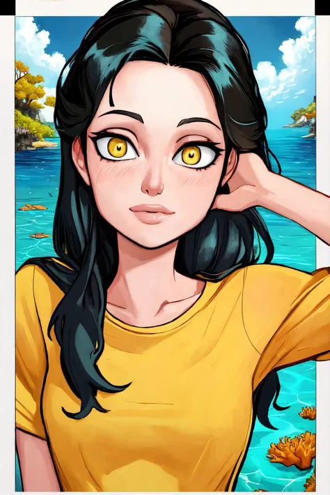 Angelina Jolie closeup, , beautiful, closeup, upper body,
elenok ella style,Polaroid,
cozy,
Yellow shirt,
highres, detailed, ,
Vibrant coral reef and diverse marine life at the background, best quality, masterpiece,
<lora:Angelina:0.65>