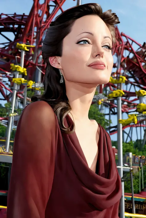 Angelina Jolie closeup, 1990s,  gorgeous,  closeup, upper body, 
,,
nonchalant,
Maroon modest dress, 
 highres, detailed, well dressed, 
Amusement park and thrilling roller coasters at the background, best quality, masterpiece,   
<lora:Angelina:0.85>