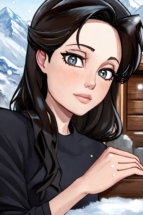 Angelina Jolie closeup, , gorgeous, closeup, upper body,
,wild nature,
level,
Black shirt,
highres, detailed, well dressed,
Cozy mountain cabin and snowfall at the background, best quality, masterpiece,
<lora:Angelina:0.85>