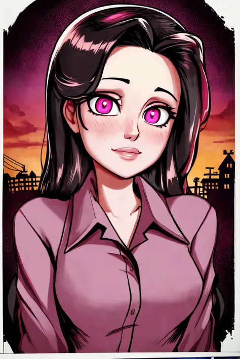 Angelina Jolie closeup, 1940s, cute, closeup, upper body,
,Polaroid,
hyperdetailed,
Magenta shirt,
highres, detailed, ,
Old western ghost town and dusk at the background, best quality, masterpiece,
<lora:Angelina:0.65>