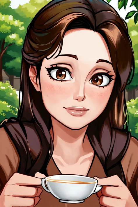 Angelina Jolie closeup, 1940s, beautiful, closeup, upper body,
,,
wispy,
Brown shirt,
highres, detailed, well dressed,
Traditional tea garden and tranquil at the background, best quality, masterpiece,
<lora:Angelina:0.70>