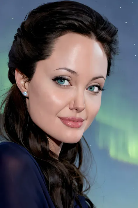 Angelina Jolie closeup, 1970s,  beautiful,  closeup, upper body, 
,,
smart,
Indigo modest dress, 
 highres, detailed, , 
Arctic tundra and northern lights display at the background, best quality, masterpiece,   
<lora:Angelina:0.65>