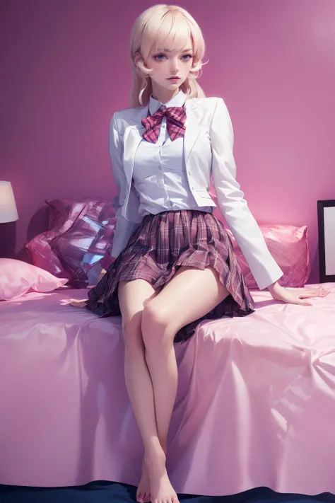 ((masterpiece)), (best quality), official art, extremely detailed CG, unity 8k wallpaper, ultra detailed,
fashion background,
1girl, erina nakiri, blonde hair, long hair, medium breasts, purple eyes, bow, red bow, skirt, school uniform, jacket, pleated skirt, plaid, plaid skirt, blazer,<lora:erinanakiri:1>, barefoot,
pink background, (bedroom:1.3), luxury hotel, pink bed, lying,
<lora:_20230729155653:0.9>