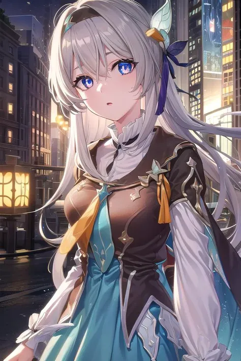 honkaifirefly, <lora:honkai firefly-lora-nochekaiser:1>,
firefly, (purple eyes:1.3), grey hair, butterfly hair ornament, hair ornament, hair intakes, long hair,
BREAK black socks, blue dress, blue socks, dress, shoes, socks, two-tone dress, two-tone socks, white dress, long sleeves, hair band,
BREAK outdoors,
BREAK looking at viewer, (cowboy shot:1.5),
BREAK <lyco:GoodHands-beta2:1>, (masterpiece:1.2), best quality, high resolution, unity 8k wallpaper, (illustration:0.8), (beautiful detailed eyes:1.6), extremely detailed face, perfect lighting, extremely detailed CG, (perfect hands, perfect anatomy),