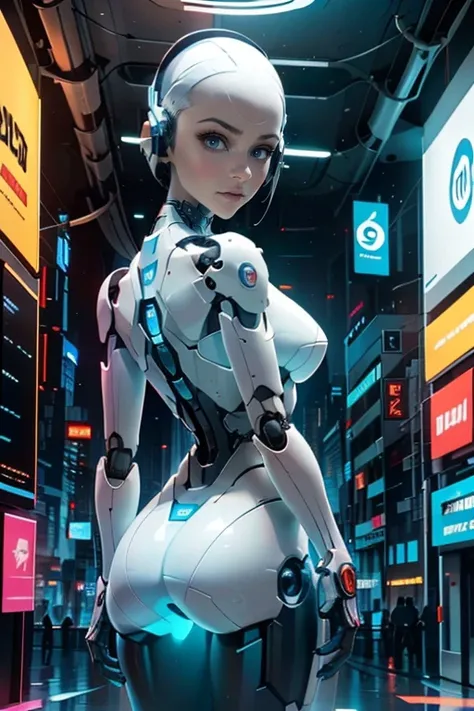 1girl, solo,robot ,cyborg, android, looking at viewer,background, neon color, science fiction, cyberpunk,ass  <lora:futurediffusion2-08:0.8>  <lora:epi_noiseoffset2:0.1>