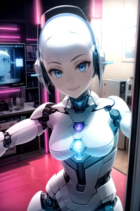 solo, android blue Eyes, blue Eyes, white skin, robot, cyborg , drawing, painting on paper, inks, ink pots, shelf((Masterpiece)), (Best Quality), Art, Highly Detailed, Extremely Detailed CG Unity 8k Wallpaper, (Curves: 0.8), 3DMM, (Masterpiece, Best Quality), white sleeveless shirt, no bra, small chest, on the arm, drawing, cartoonist, studio , white walls, 12334, Q , perfect eyes,12334, room, neon lights, purple neon lights, blue neon lights, cyberpunk, <lora:futurediffusion:0.8>, robot girl, robot body, <lora:more_details:0.7>, (pov:1.2), (selfie:1.5), smile