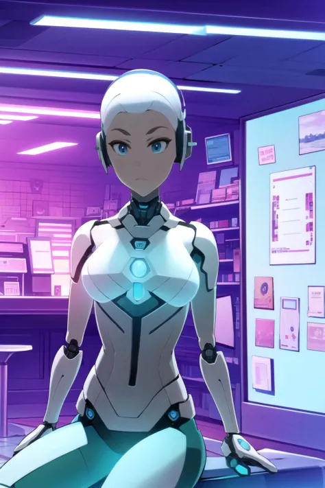 solo, android blue Eyes, blue Eyes, white skin, robot, cyborg , drawing, painting on paper, inks, ink pots, shelf((Masterpiece)), (Best Quality), Art, Highly Detailed, Extremely Detailed CG Unity 8k Wallpaper, (Curves: 0.8), 3DMM, (Masterpiece, Best Quality), white sleeveless shirt, no bra, small chest, on the arm, drawing, cartoonist, studio , white walls, 12334, Q , perfect eyes,12334, room, sitting, neon lights, purple neon lights, blue neon lights, cyberpunk, <lora:do_it_yourself_style:1>, doitstyle, <lora:futurediffusion:0.8>, robot girl, robot body, pc