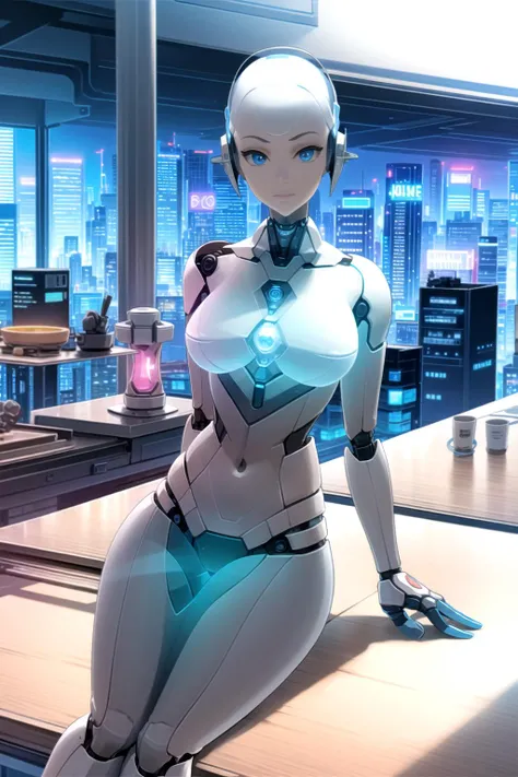 android blue Eyes, blue Eyes, white skin, robot, cyborg , drawing, painting on paper, inks, ink pots, shelf((Masterpiece)), (Best Quality), Art, Highly Detailed, Extremely Detailed CG Unity 8k Wallpaper, (Curves: 0.8), (Full Body: 0.6), 3DMM, (Masterpiece, Best Quality) sitting, white sleeveless shirt, no bra, small chest, on the arm, sitting, drawing, jeans, black pants, cartoonist, studio , white walls, neon pink lights, neon lights, pink lights, wooden shelf, flower pots, plants, decorative plants, window, window, city view, , 12334, Q , perfect eyes,12334, <lora:futurediffusion:0.8>