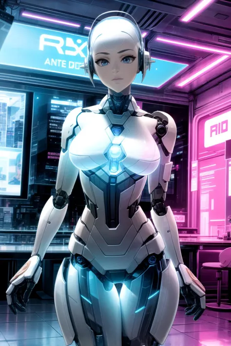 solo, android blue Eyes, blue Eyes, white skin, robot, cyborg , drawing, painting on paper, inks, ink pots, shelf((Masterpiece)), (Best Quality), Art, Highly Detailed, Extremely Detailed CG Unity 8k Wallpaper, (Curves: 0.8), 3DMM, (Masterpiece, Best Quality), white sleeveless shirt, no bra, small chest, on the arm, drawing, cartoonist, studio , white walls, 12334, Q , perfect eyes,12334, room, neon lights, purple neon lights, blue neon lights, cyberpunk, <lora:futurediffusion:0.8>, robot girl, robot body, <lora:more_details:0.7>