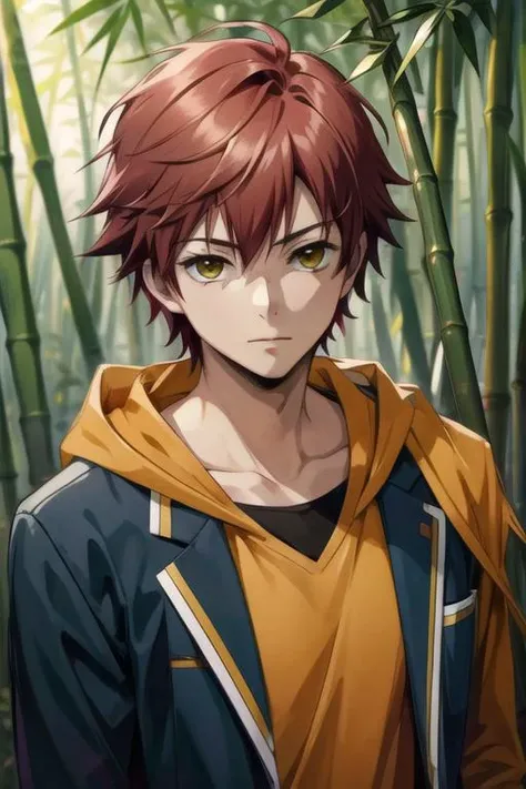 masterpiece, best quality, wallpaper, 1boy, solo, male focus, looking at viewer, upper body, depth of field, anime coloring, realistic, <lora:theo_hamatora:0.72>, theo_hamatora, red hair, yellow eyes, candy costume, bamboo forest, 12k resolution