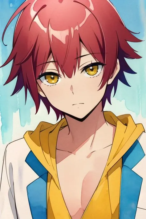 masterpiece, best quality, illustration, 1boy, solo, male focus, looking at viewer, , , (watercolor illustration, soft pastel colors:1.1), , <lora:theo_hamatora:0.74>, theo_hamatora, red hair, yellow eyes, , Shambhala: A hidden paradise where enlightened beings live in perfect harmony,