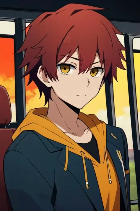 masterpiece, best quality, movie still, 1boy, solo, male focus, looking at viewer, upper body, , , , <lora:theo_hamatora:0.68>, theo_hamatora, red hair, yellow eyes, henley, tam, , 2k resolution