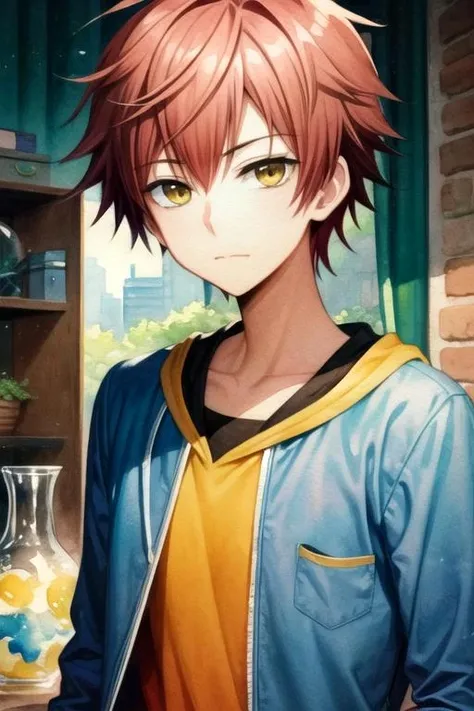 masterpiece, best quality, illustration, 1boy, solo, male focus, looking at viewer, upper body, , (watercolor illustration, soft pastel colors:1.1), , <lora:theo_hamatora:0.74>, theo_hamatora, red hair, yellow eyes, , hard science fiction,