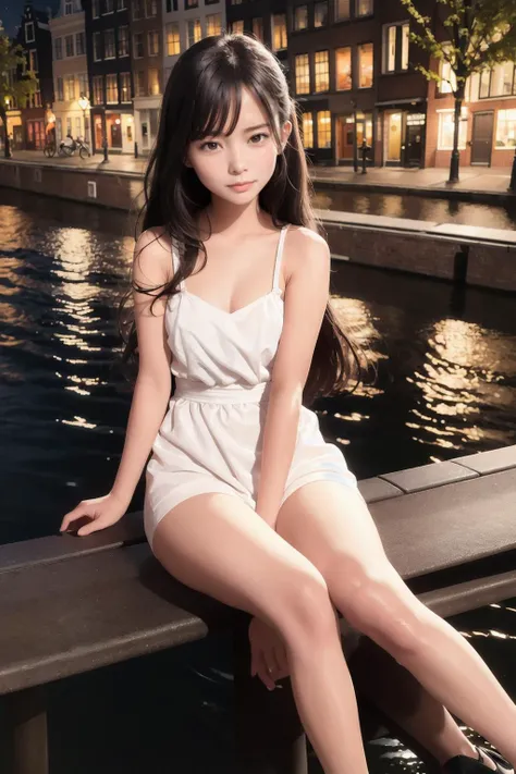 professional photo of a cute girl in a nice dress sitting on a Bench at a riverbank in Amsterdam at night with street lamp lightning