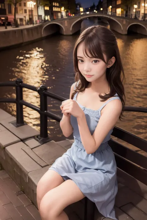 professional photo of a cute girl in a nice dress sitting on a Bench at a riverbank in Amsterdam at night with street lamp lightning