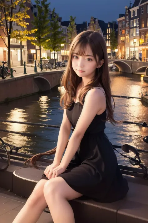 professional photo of a cute girl in a nice dress sitting on a Bench at a riverbank in Amsterdam at night with street lamp lightning