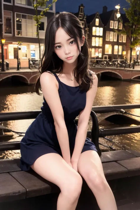 professional photo of a cute girl in a nice dress sitting on a Bench at a riverbank in Amsterdam at night with street lamp lightning