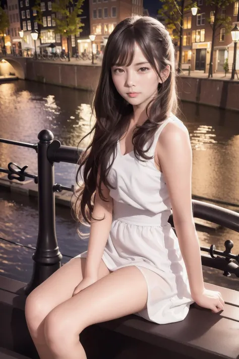 professional photo of a cute girl in a nice dress sitting on a Bench at a riverbank in Amsterdam at night with street lamp lightning