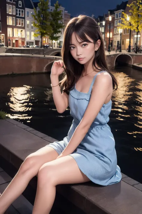 professional photo of a cute girl in a nice dress sitting on a Bench at a riverbank in Amsterdam at night with street lamp lightning