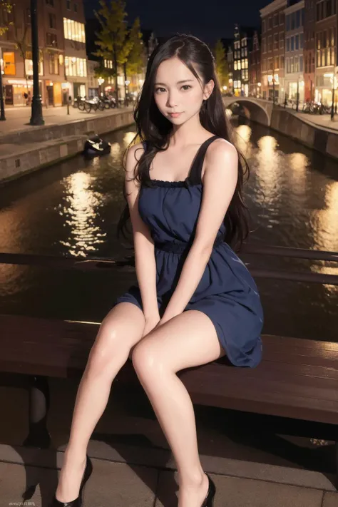professional photo of a cute girl in a nice dress sitting on a Bench at a riverbank in Amsterdam at night with street lamp lightning