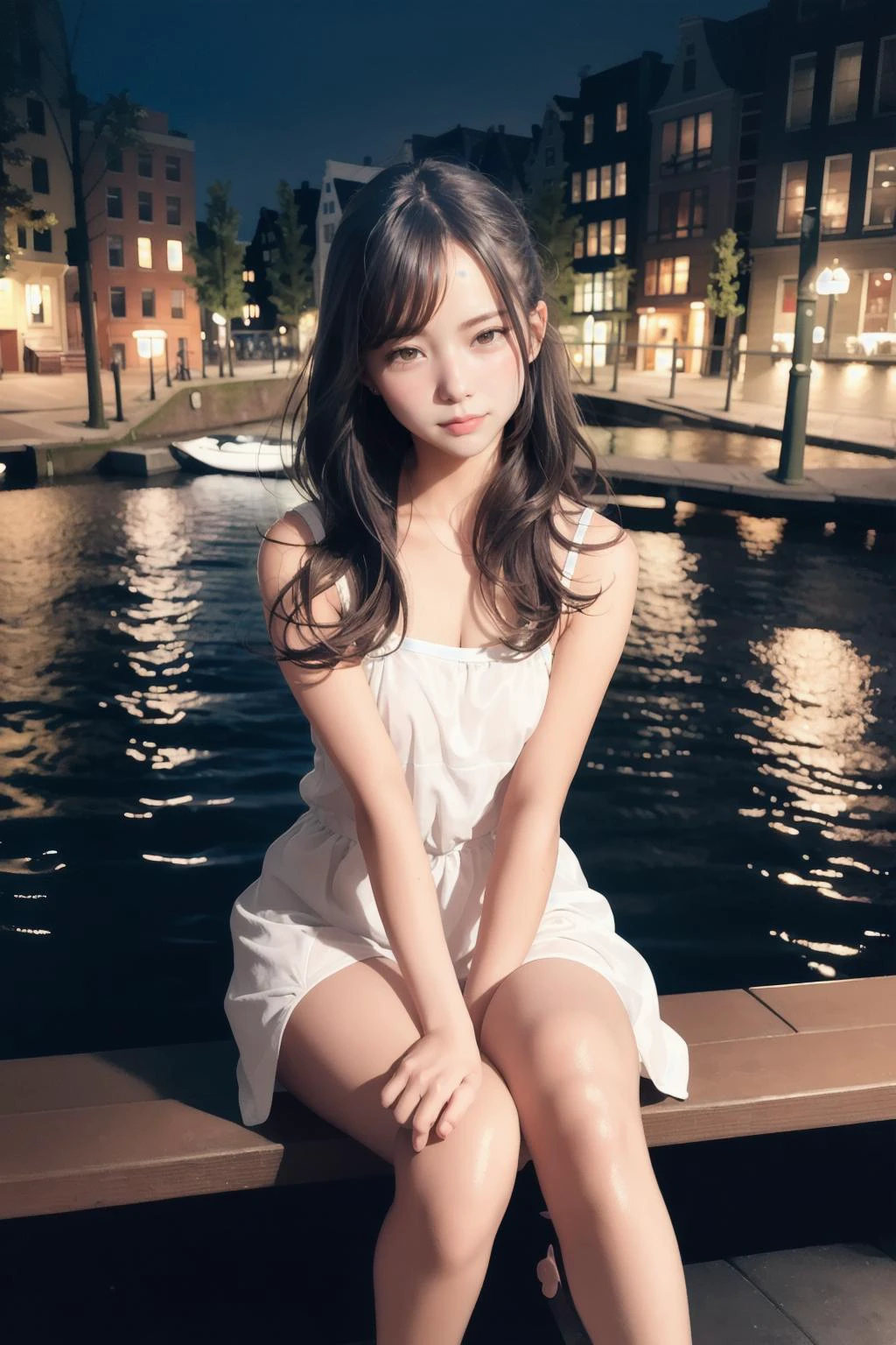 professional photo of a cute girl in a nice dress sitting on a Bench at a riverbank in Amsterdam at night with street lamp lightning