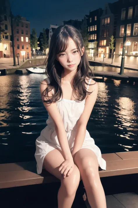 professional photo of a cute girl in a nice dress  sitting on a Bench  at a riverbank in  Amsterdam  at night with  street lamp lightning