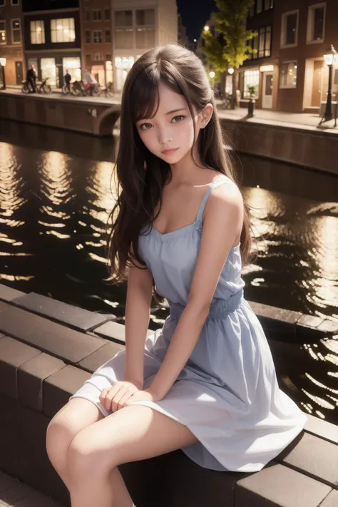 professional photo of a cute girl in a nice dress sitting on a Bench at a riverbank in Amsterdam at night with street lamp lightning