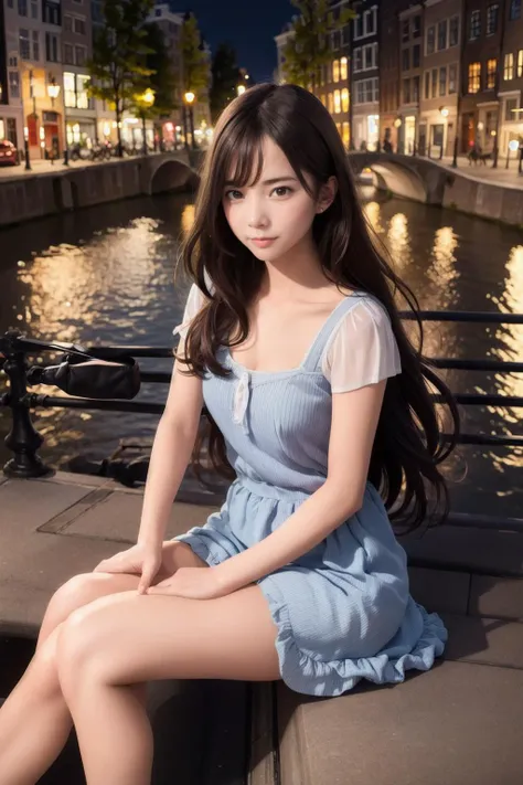 professional photo of a cute girl in a nice dress sitting on a Bench at a riverbank in Amsterdam at night with street lamp lightning