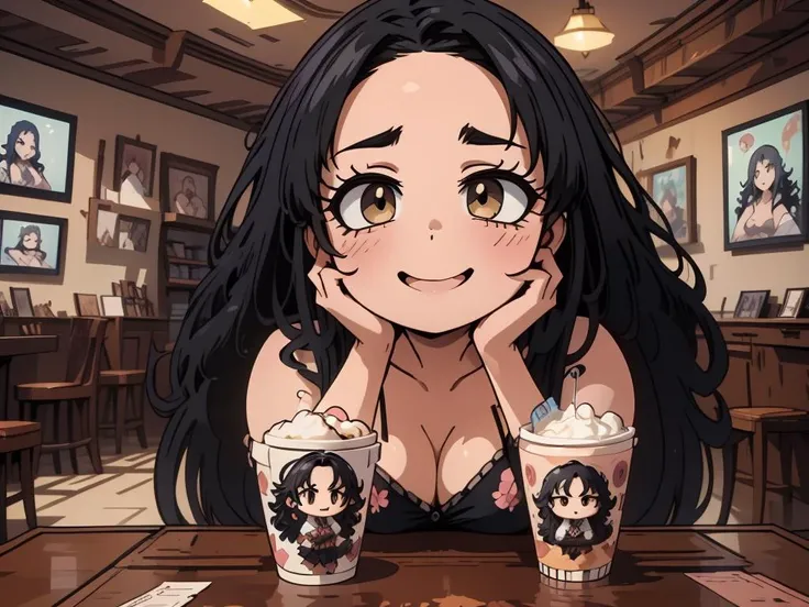 (masterpiece:1.4), high quality, high definition, sharp focus, detailed face, anime, best quality, 4k, 8k, absurd resolution, intricate detail, detailed hands, detailed eyes, animation, illustration, highly detailed, highres, extremely detailed, <lora:ETO_OCC002:0.7> ETO_OCC, black hair, curly hair,longhair, thick eyebrows, <lora:hyperdenoiser_v090:0.6>, (looking at viewer:1.4), (plump), (hazel eyes:1.3), <lora:mesugaki-10:0.7>, smile, smug, <lora:ETO_OC:0.3> ETO-OC, <lora:concept_cafe_v1:0.5> cup, ANCF, (photo_inset), reference_inset, indoors, (chibi_inset), pov, table, eating, drinking glass, <lora:AppleCheek:0.7> applecheek, (acrylic stand figure_inset), <lora:sensualface_type4:0.3>, gasping, ecstasy, seductive smile
