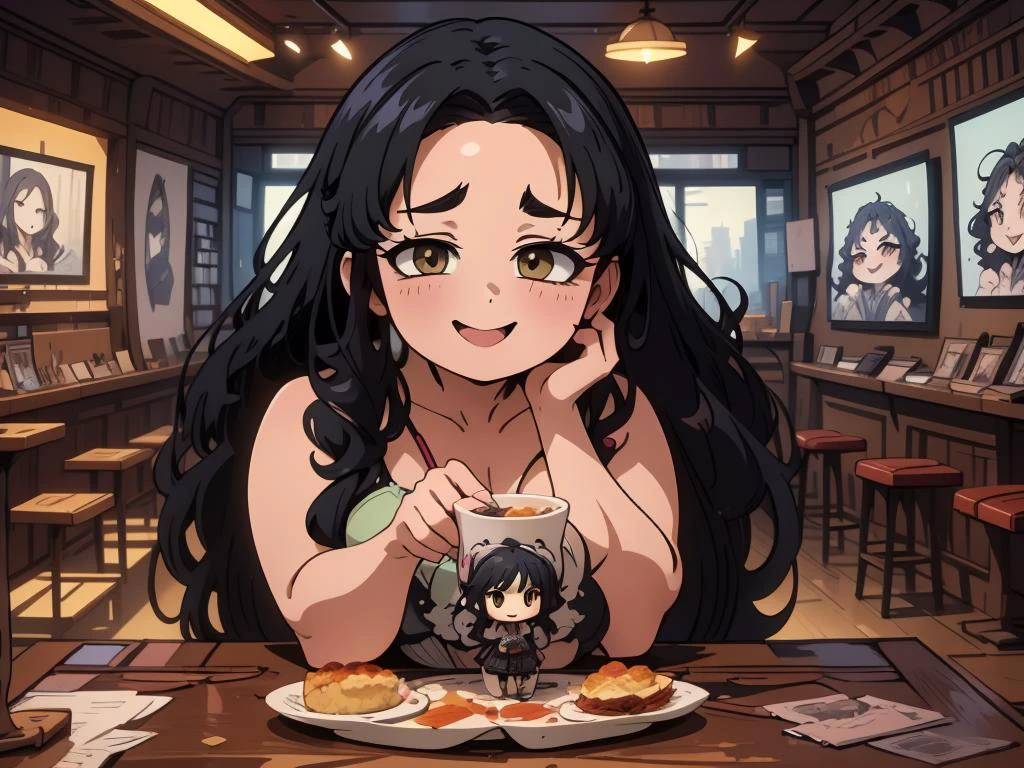 (masterpiece:1.4), high quality, high definition, sharp focus, detailed face, anime, best quality, 4k, 8k, absurd resolution, intricate detail, detailed hands, detailed eyes, animation, illustration, highly detailed, highres, extremely detailed, <lora:ETO_OCC002:0.7> ETO_OCC, black hair, curly hair,longhair, thick eyebrows, <lora:hyperdenoiser_v090:0.6>, (looking at viewer:1.4), (plump), (hazel eyes:1.3), <lora:mesugaki-10:0.7>, smile, smug, <lora:ETO_OC:0.3> ETO-OC, <lora:concept_cafe_v1:0.5> cup, ANCF, (photo_inset), reference_inset, indoors, (chibi_inset), pov, table, eating, drinking glass, <lora:AppleCheek:0.7> applecheek, (acrylic stand figure_inset), <lora:sensualface_type4:1>, gasping, ecstasy, seductive smile