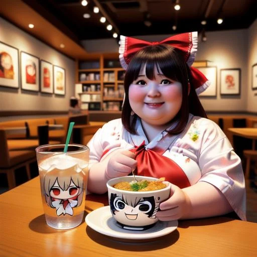 <lora:concept_cafe_v1:0.5>, food, indoors, grin, blurry, pov, eating, table, crossover, drinking glass, cup, realistic, voice actor connection, photo background, voice actor, ANCF, reference inset, photo inset, mug, cup, chibi_inset, multiple crossover, drink, artist name, indoors, signature, hakurei reimu, fat man