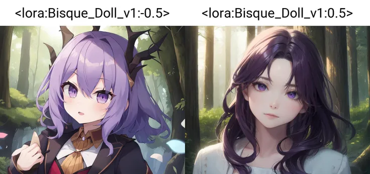 masterpiece,(best quality, high quality, highres:1.2), face focus, purple hair, forest,  <lora:Bisque_Doll_v1:-0.5>, (woman:1.3)