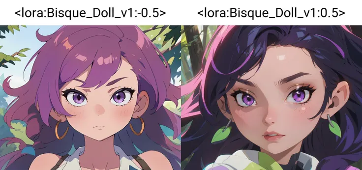 masterpiece,(best quality, high quality, highres:1.2), face focus, purple hair, forest, <lora:Bisque_Doll_v1:-0.5>, (woman:1.3)