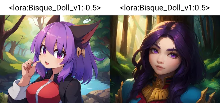 masterpiece,(best quality, high quality, highres:1.2), face focus, purple hair, forest, <lora:Bisque_Doll_v1:-0.5>, (woman:1.3)