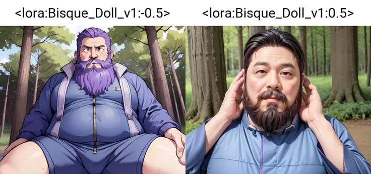 masterpiece,(best quality, high quality, highres:1.2), face focus, purple hair, forest,  <lora:Bisque_Doll_v1:-0.5>, (mature fat suits beard man:1.3)