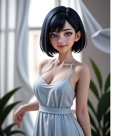 masterpiece, best quality, a woman, short hair, inverted bob, straight hair, with a blue and white dress and a plant in the background with a white curtain behind her, a photocopy, seductive smile, <lora:LCM_LoRA_Weights_SD15:0.7>