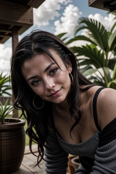 bhsm1, 1girl, black hair, earrings, outdoors, long hair, potted plant, solo, upper body, close-up, dark background, garage, wind, floating hair, cloudy sky, off-shoulder shirt, pants, vertical stripes, looking at another, light smile,
masterpiece, best quality, intricate detail, <lora:LCM_LoRA_Weights_SD15:1> <lora:backlight_slider_v10:-0.5> <lora:add_detail:0.5>