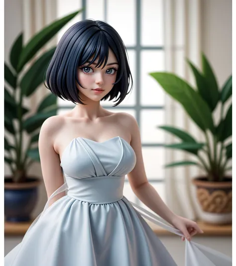 masterpiece, best quality, a woman, short hair, inverted bob, with a blue and white dress and a plant in the background with a white curtain behind her, a photocopy, neogeo, <lora:LCM_LoRA_Weights_SD15:0.7>