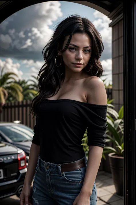 bhsm1, 1girl, black hair, earrings, outdoors, long hair, potted plant, solo, upper body, , close-up, dark background, pillar, garage, wind, floating hair, cloudy sky, off-shoulder shirt, vertical stripes, looking at another,
masterpiece, best quality, intricate detail, <lora:LCM_LoRA_Weights_SD15:1> <lora:backlight_slider_v10:-0.5> <lora:add_detail:0.5>