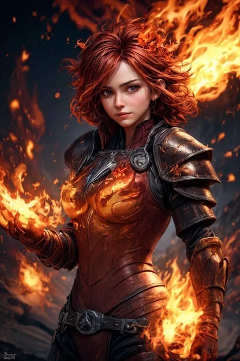 (fire elemental warrior mage:1.6), near a fantasy highly realistic extremely detailed lake, action shot, 3mm photo, beautiful, sexy fit 20yo, ((masterpiece)), ((best quality)), perfect face, fantasy ((dark red fiery armour:1.6)) shiny skin, soft lighting, OverallDetail, SkinHairDetail, epiCPhoto <lora:breastsizeslideroffset:0.075>, looking at viewer, sharp focus, high texture resolution, photorealistic, 32k, <lora:add_detail:0.6> <lora:pytorch_lora_weights(1):0.5>, hyperrealistic, vivid colors, intricated details, warm smile, highly detailed hands and fingers, ((fiery gloves:1.9)) standing in a circle of flames <lora:more_details:0.5>(fiery pauldrons:1.8) ((fiery hair:1.3))